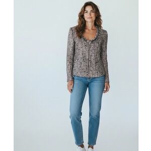 Boston Proper Womens Tweed Sequin Chain Trim Zip‎ Front Jacket Pink Black Size 8